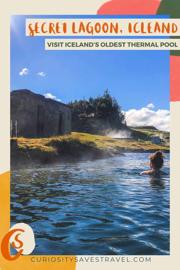 an image of a woman swimming in a thermal pool with the text that reads Secret Lagoon Iceland.