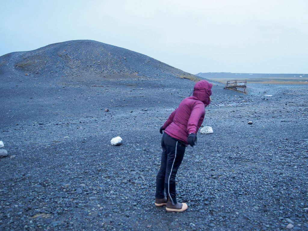 A woman standing against the wind in extreme weather