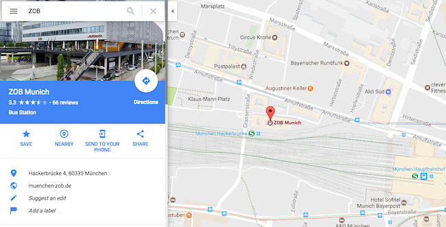 A screenshot of Google Maps showing ZOB Munich bus station.