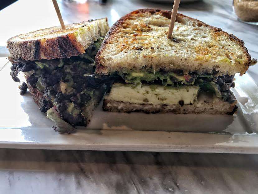 A close-up shot of a toasted sandwich on a plate.