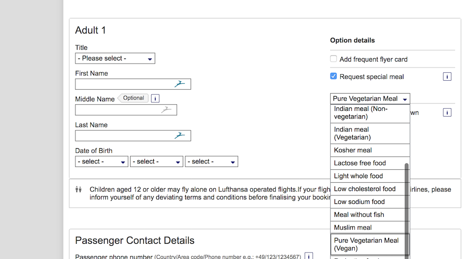 A screenshot showing the different meal types available when booking a flight.