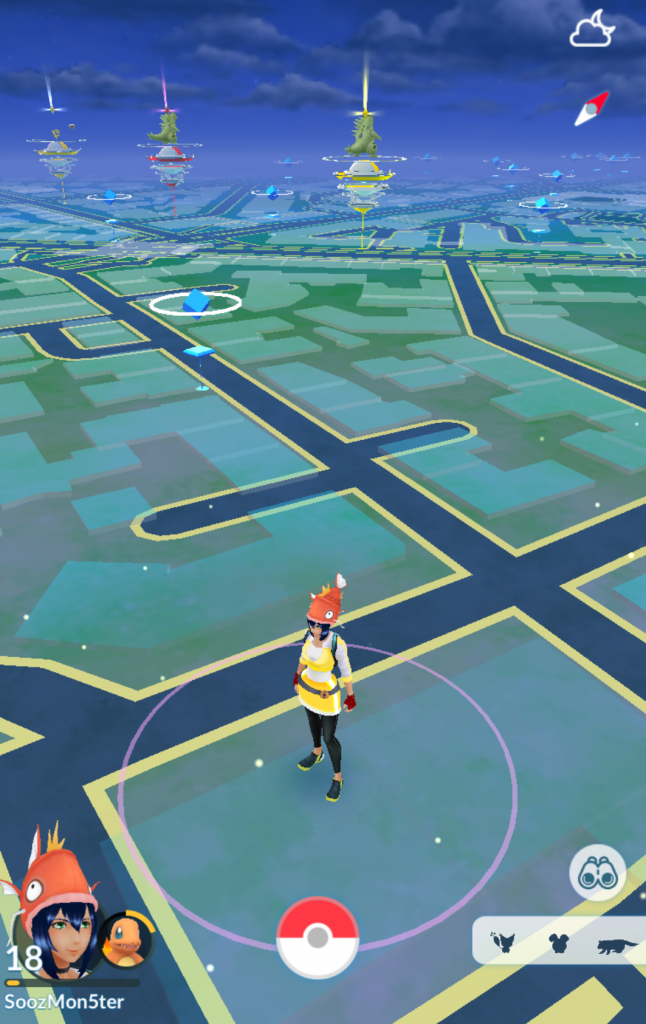 A Pokémon Go screen showing a player wearing a magikarp hat on a street and towers in the distance.