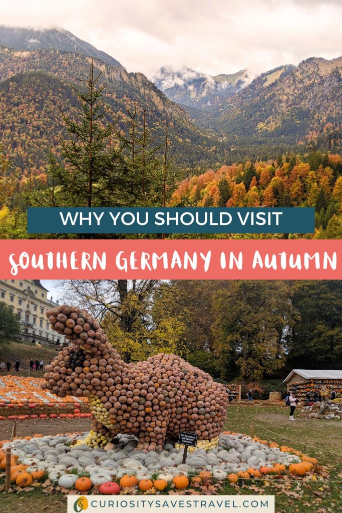 A photo of mountains covered in trees in fall colors above a photo of a giant rabbit sculpture made of pumpkins, with text in between that says "Why you should visit Southern Germany in autumn."