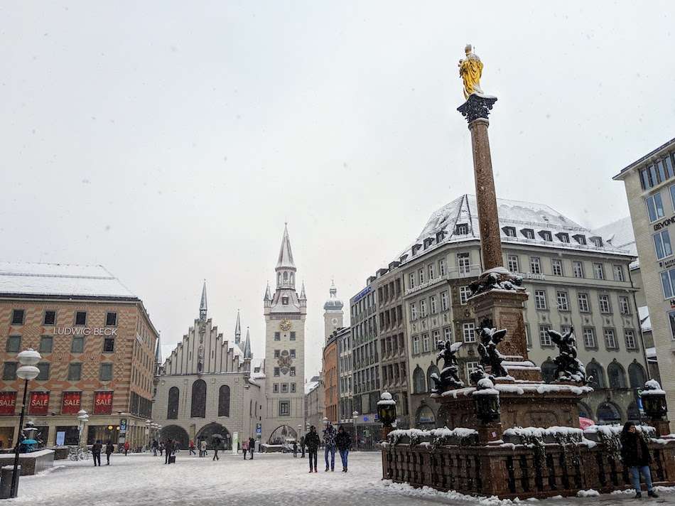 Marienplatz in Munich under a blanket of snow.