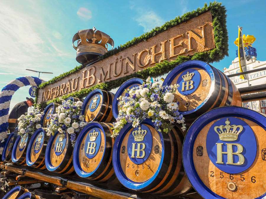 beer kegs decorated for oktoverfest