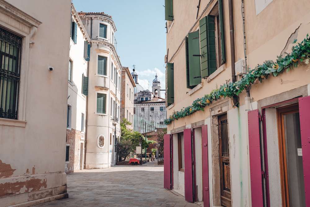 Dorsoduro Venice street view with church