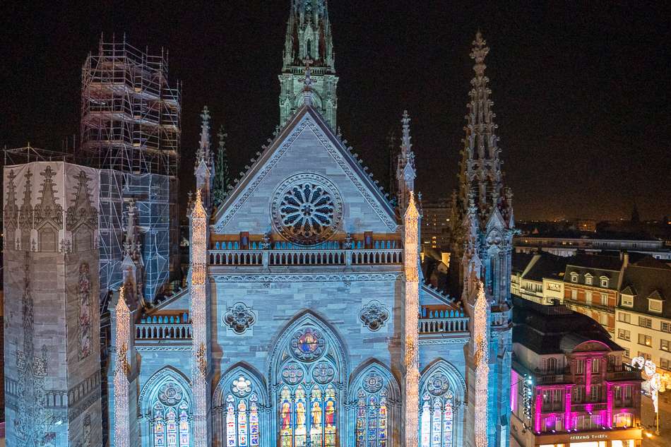 Temple Saint-Étienne Mulhouse lit up for Christmas Market