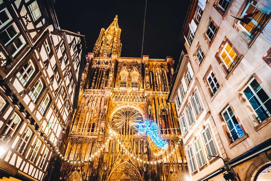 Strasbourg Christmas light displays angels and the notre dame
