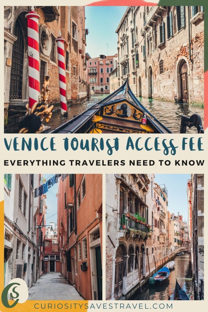 A set of one landscape photo above two portrait photos showing alleys and canals in Venice with text in the middle that reads "Venice Tourist Access Fee everything travelers need to know."