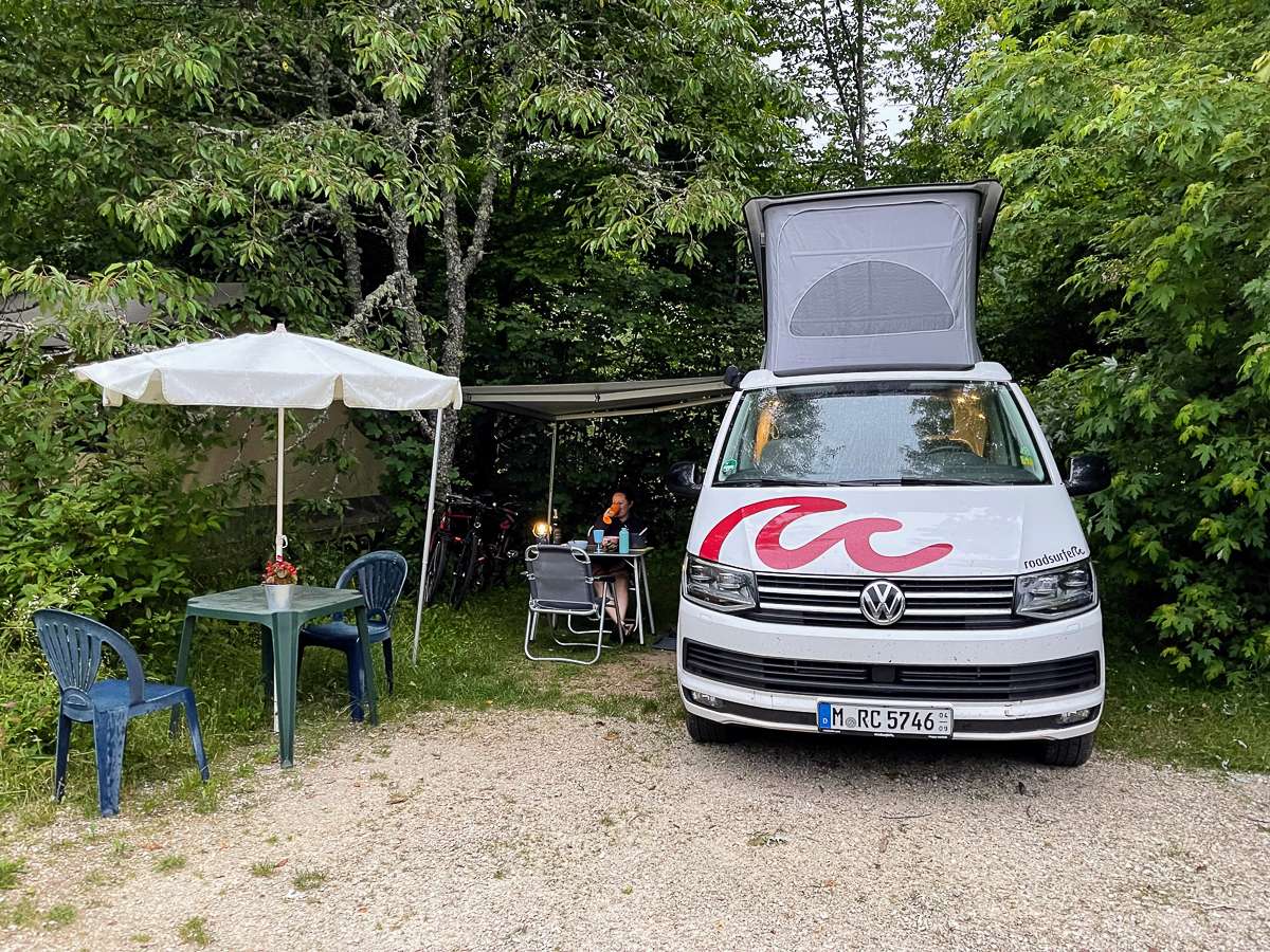 Campervan parked at Camping Ourson Ouvert in the French Chartreuse Mountains
