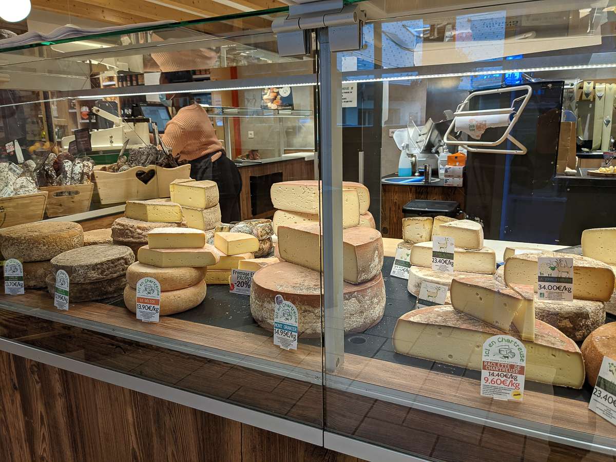 A selection of French cheeses from a cheese shop in the Chartreuse Mountains France