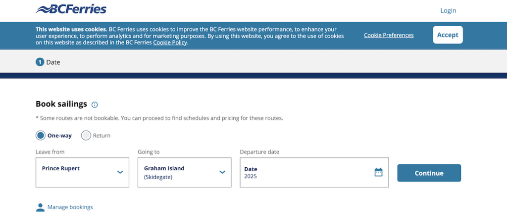 A screenshot of BC Ferries website showing a booking screen for sailing from Prince Rupert to Graham Island.