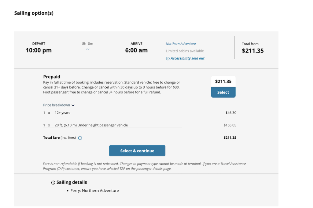 A screenshot from BC Ferries website showing the cost breakdown for an adult and one car.