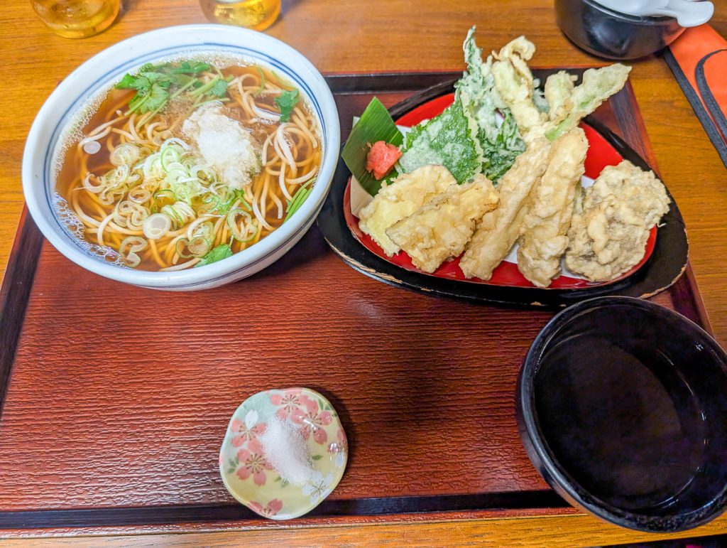 A tray with noodle soup and vegetable tempura from above.