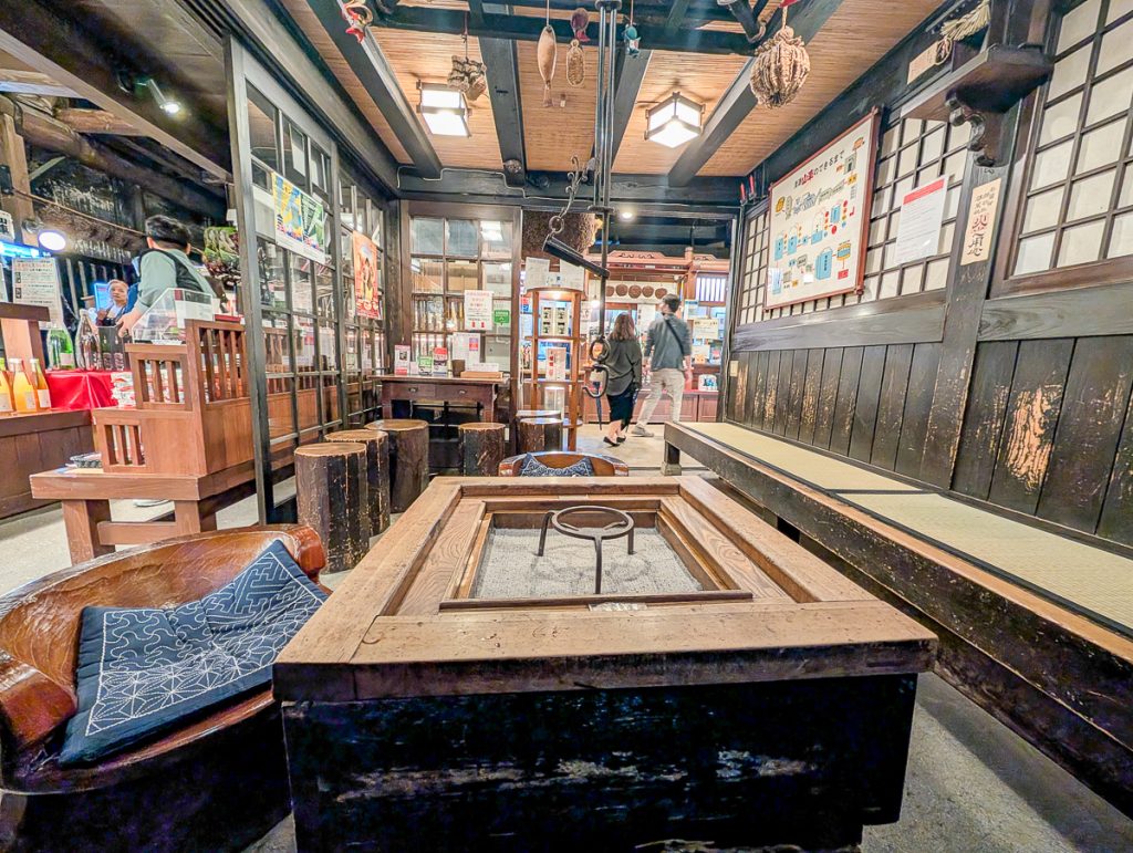 The relaxed seating area inside Harada sake brewery in Takayama.