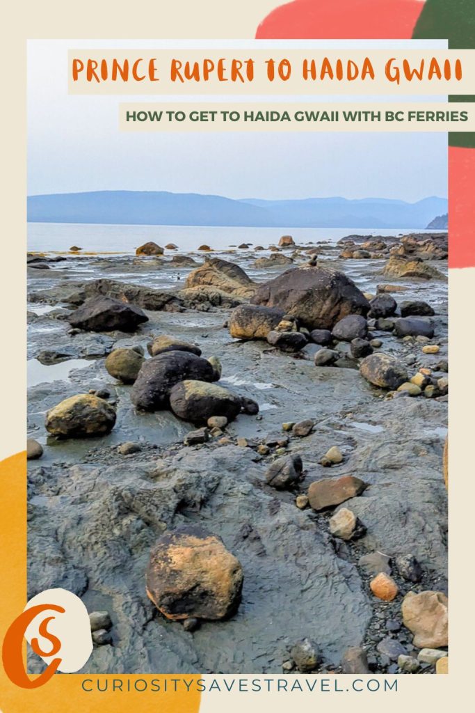 A photo of rocks next to water with a coloured background and the text "Prince Rupert to Haida Gwaii, how to get to Haida Gwaii with BC ferries."