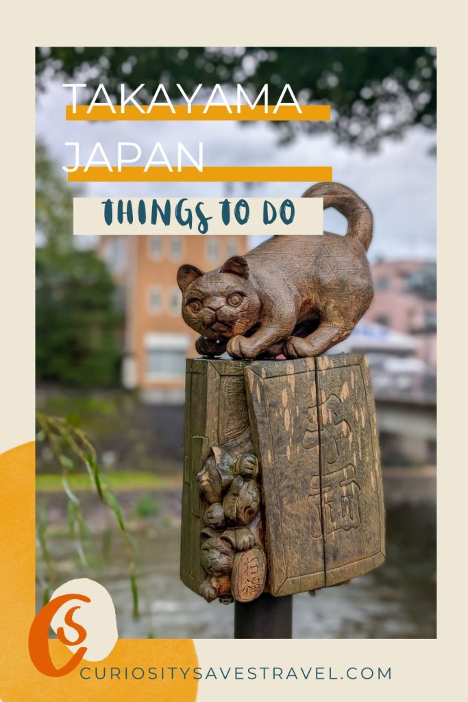 A close-up of a cat on a book carved in yew wood with the text "Takayama, Japan things to do."