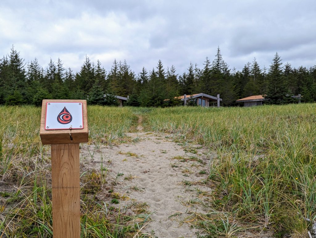 A sandy trail leading from a wooden sign through grass towards small buildings built back under pine trees.