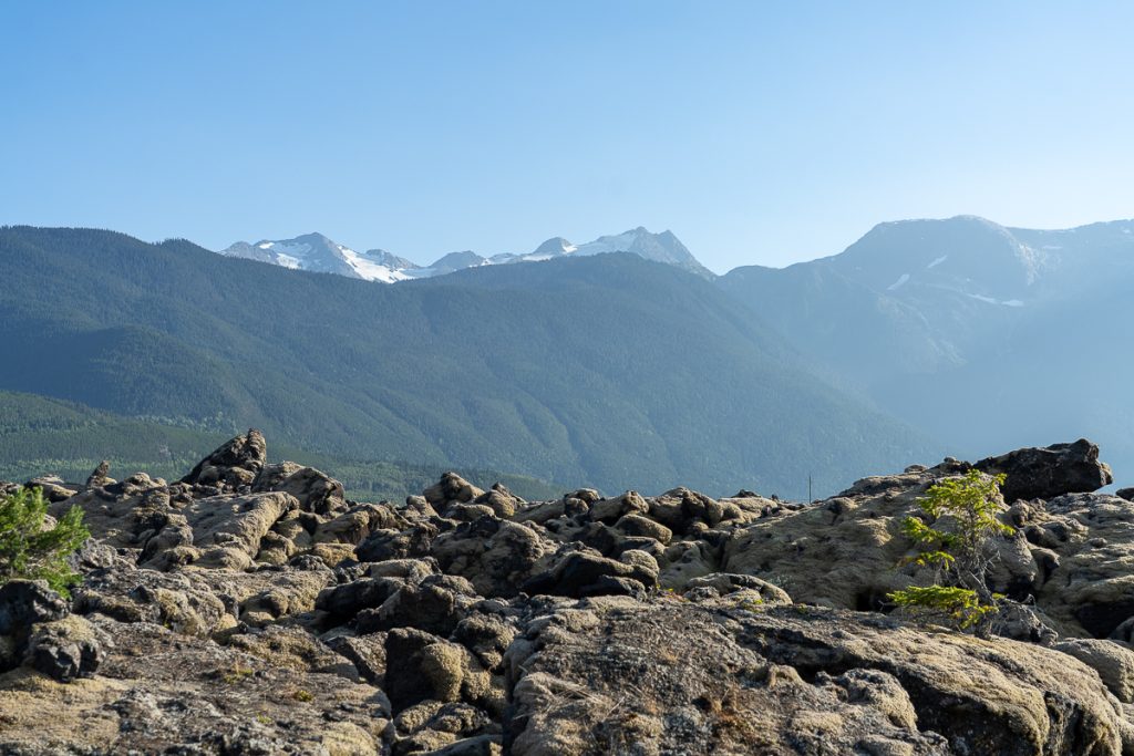 A rocky landscape in the foreground with forested mountains and blue sky in the background.