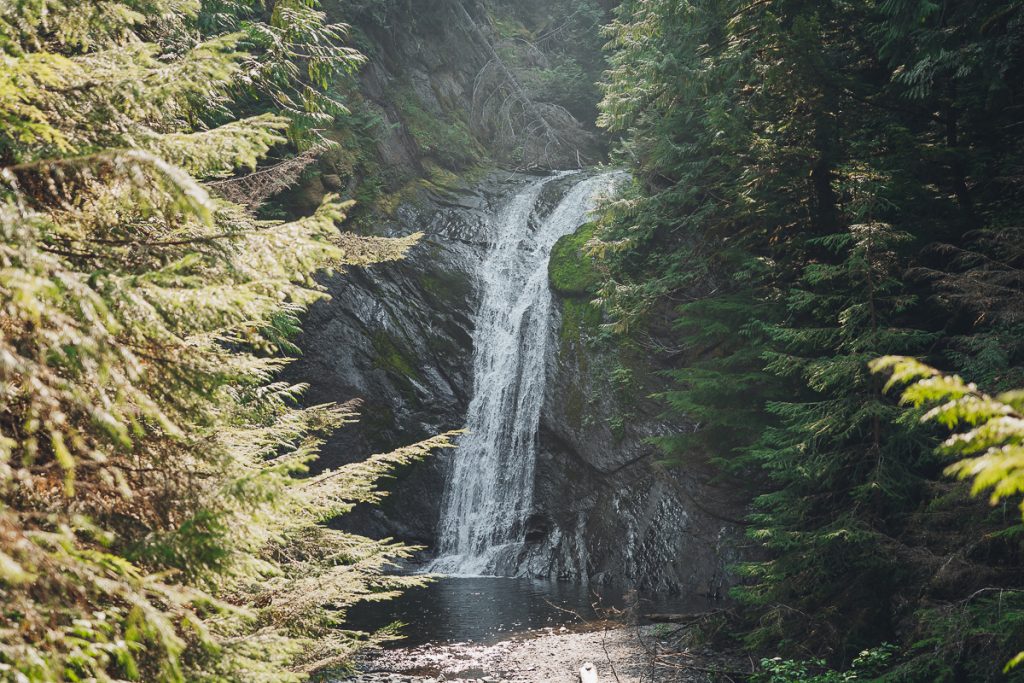 A small waterfall cascading over rocks with green pine trees on either side.