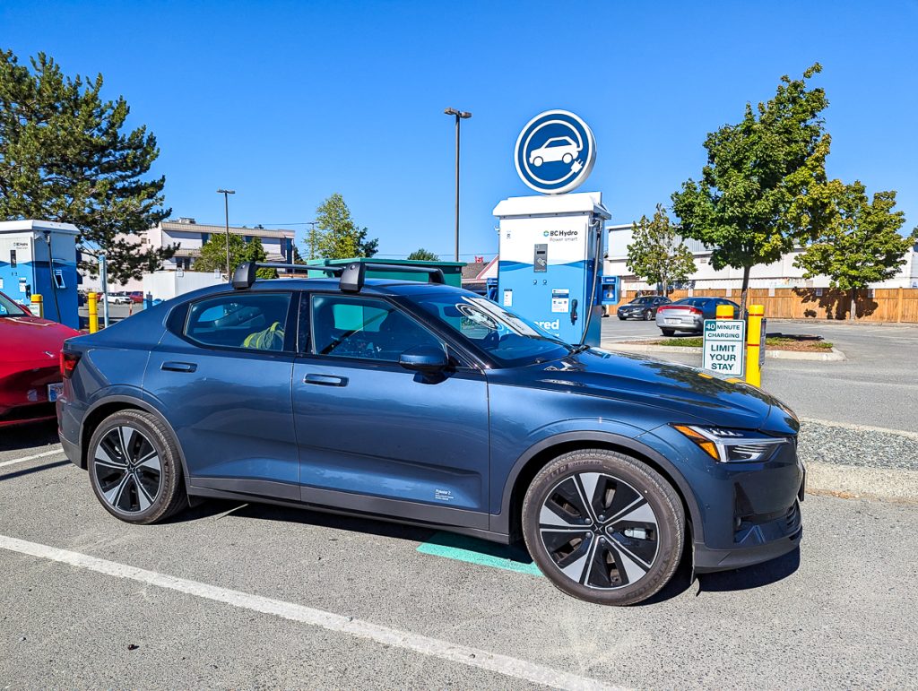 A Polestar EV plugged in charging at a BC Hydro Fast Charger