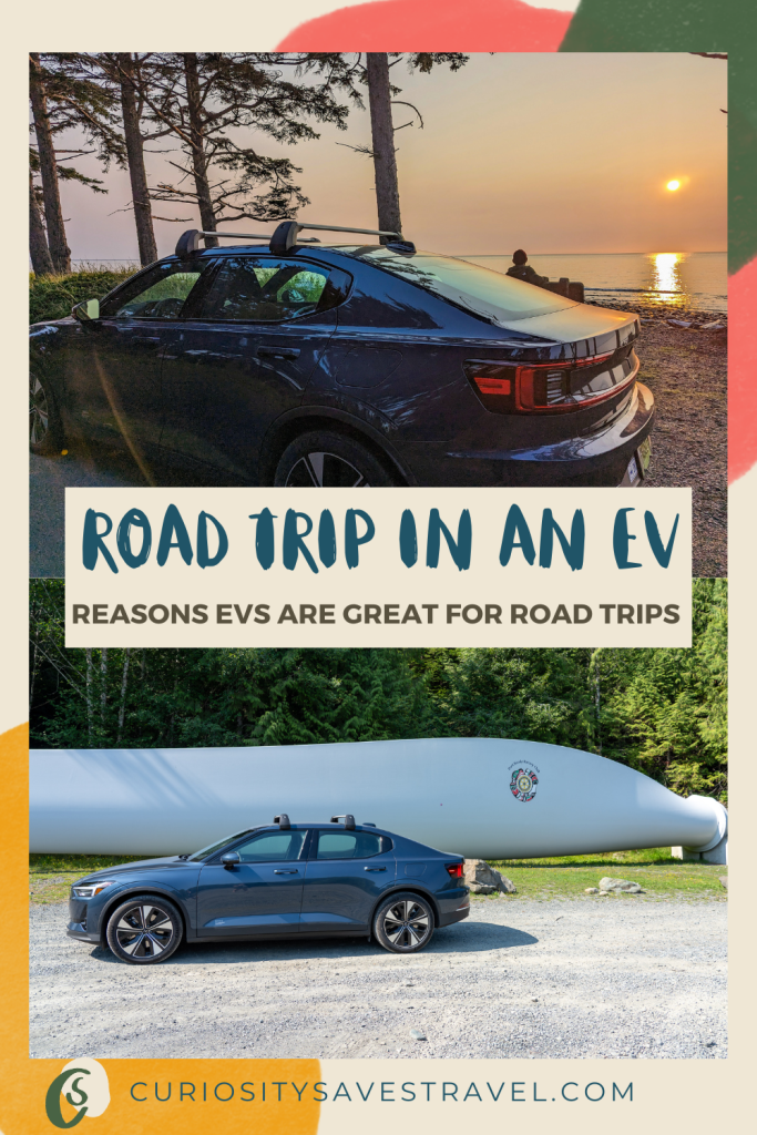 Two images with text between them that reads "road trip in an EV? Reasons EVs are great for road trips" The top image shows a Polestar EV while a man watches the sunrise. The bottom image shows a Polestar EV with a recycled wind turbine behind it. 