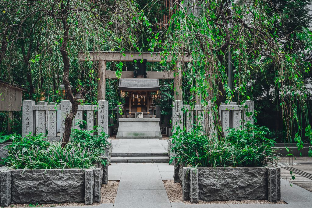 Cement planter boxes with trees in front of a shrine in Kyoto with no people around.