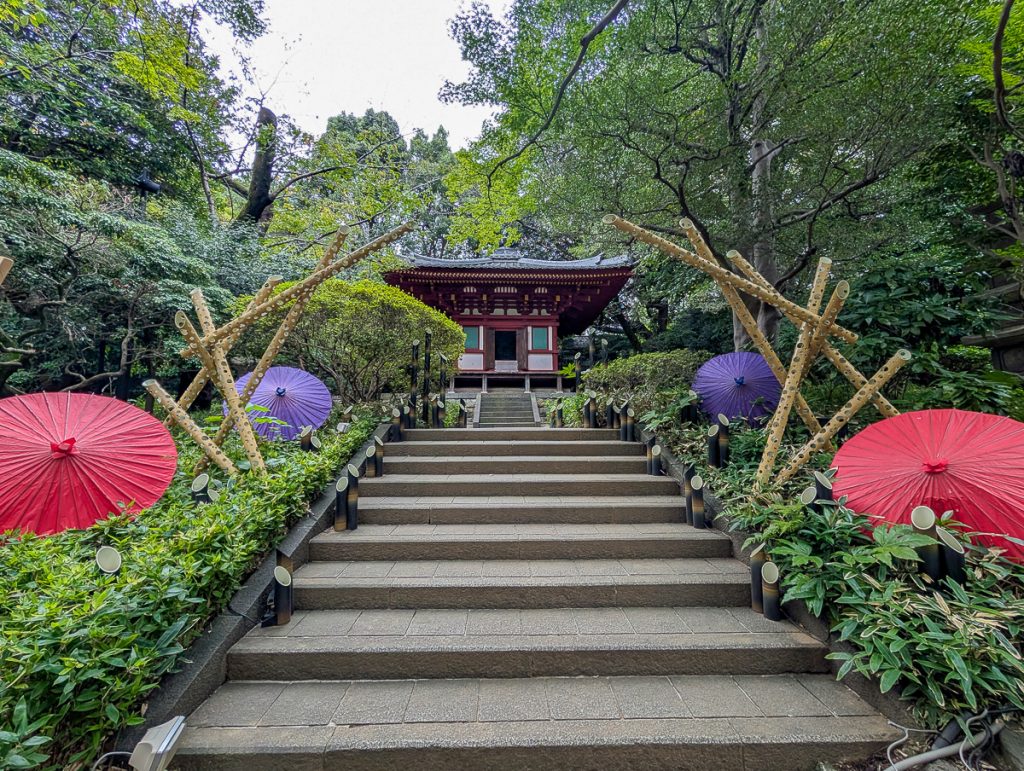 Stairs lined with greenery, colorful parasols and sculptures leading to a small traditional Japanese building surrounded by trees.