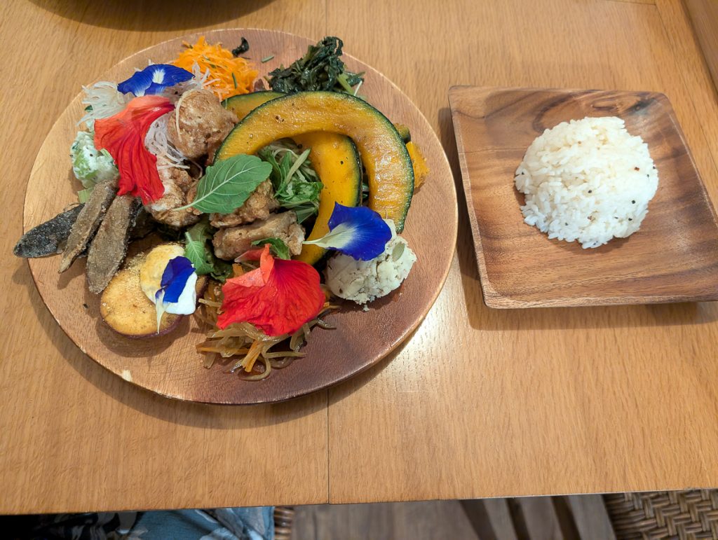 A round brown plate piled with vegetables next to a small square plate holding a small ball of white rice on a wooden table.