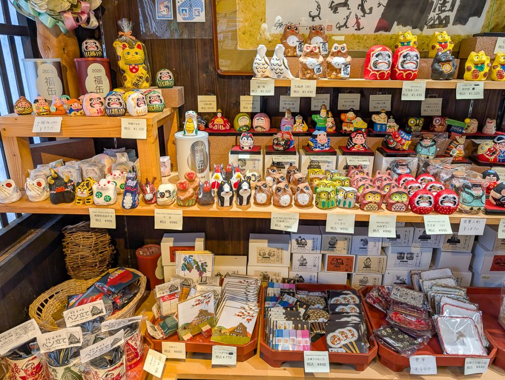 Shelves full of cute Japanese souvenirs made from traditional washi paper.