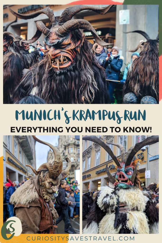 Three images all depicting costumed dressed as the demonic German character Krampus. The text says "Everything you need to know about Munich's Krampus Run"