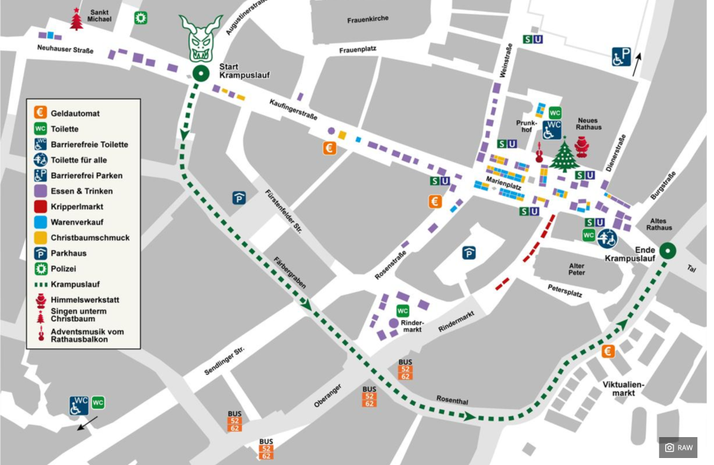 A map of Munich's old town showing the route of the Krampus Run