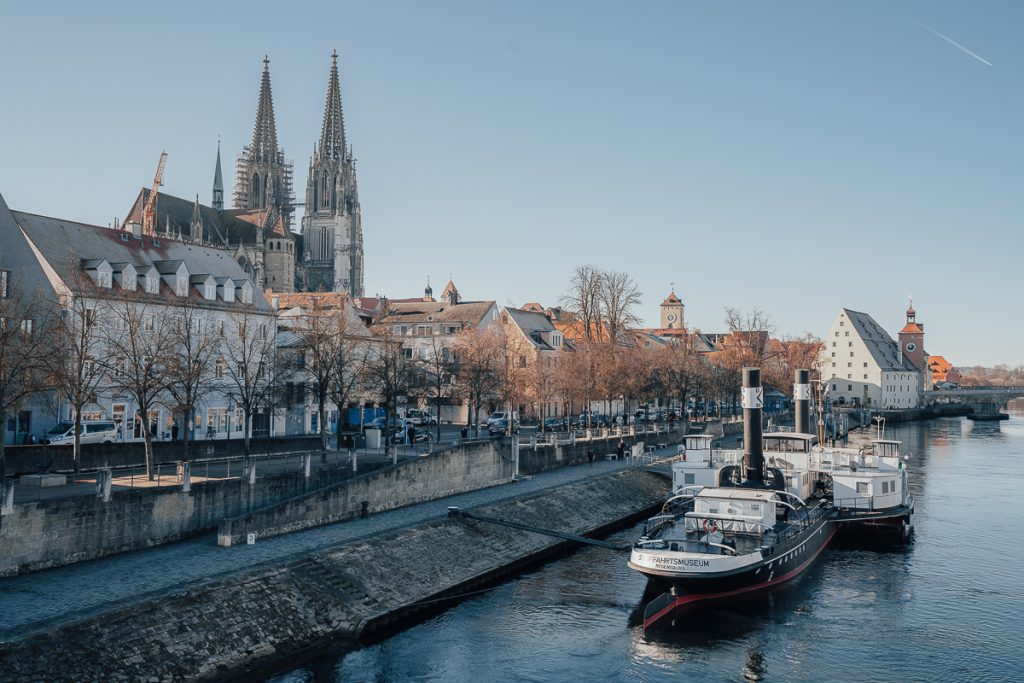 A view of the cathedral in Regensburg overlooking the Danube river