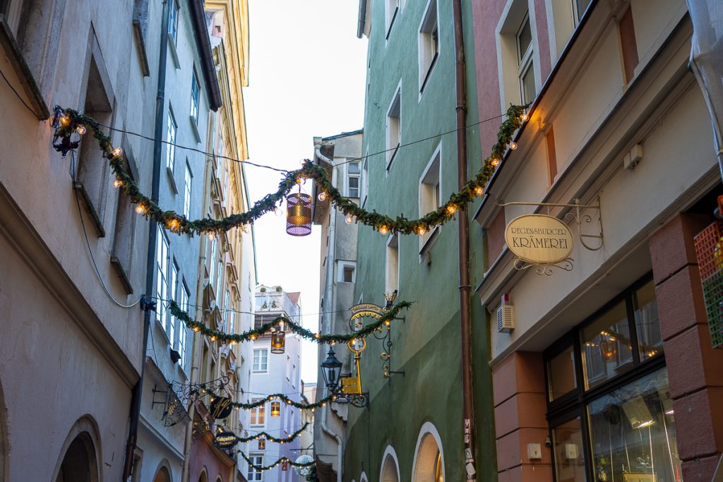 A historic alley in Regensburg, decorated for Christmas