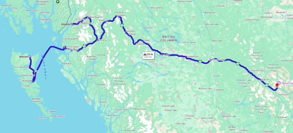a maps outlining the entire highway 16 across British Columbia