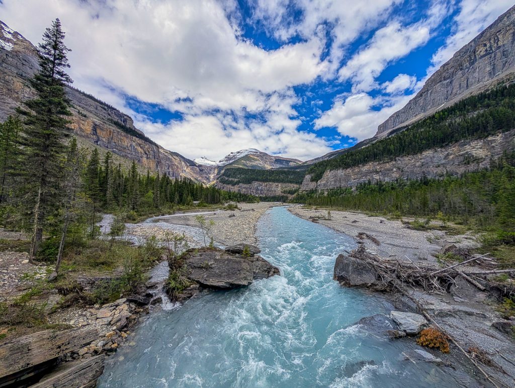 A wide-angle shot of a flowing river with pine trees and rocky mountains on either side and a blue sky studded with white clouds.
