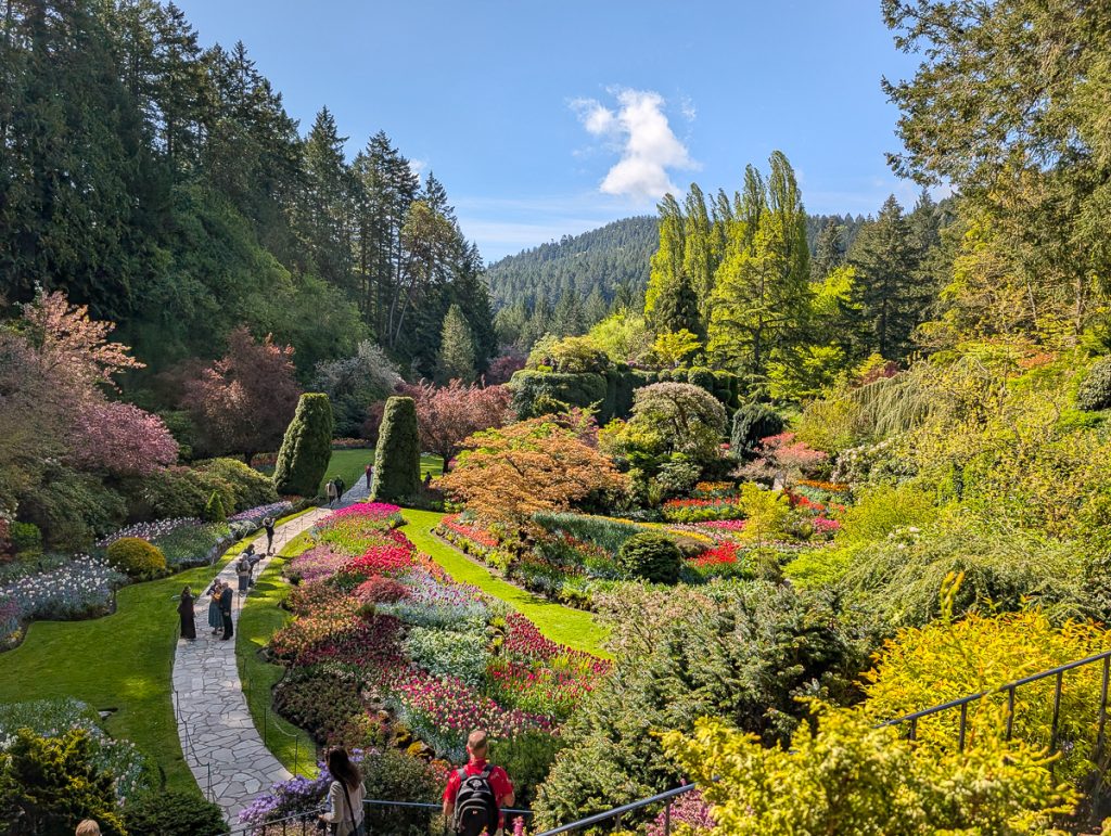 People walking on a stone path surrounded by lush gardens with flowers and greenery on a sunny day with blue sky overhead.
