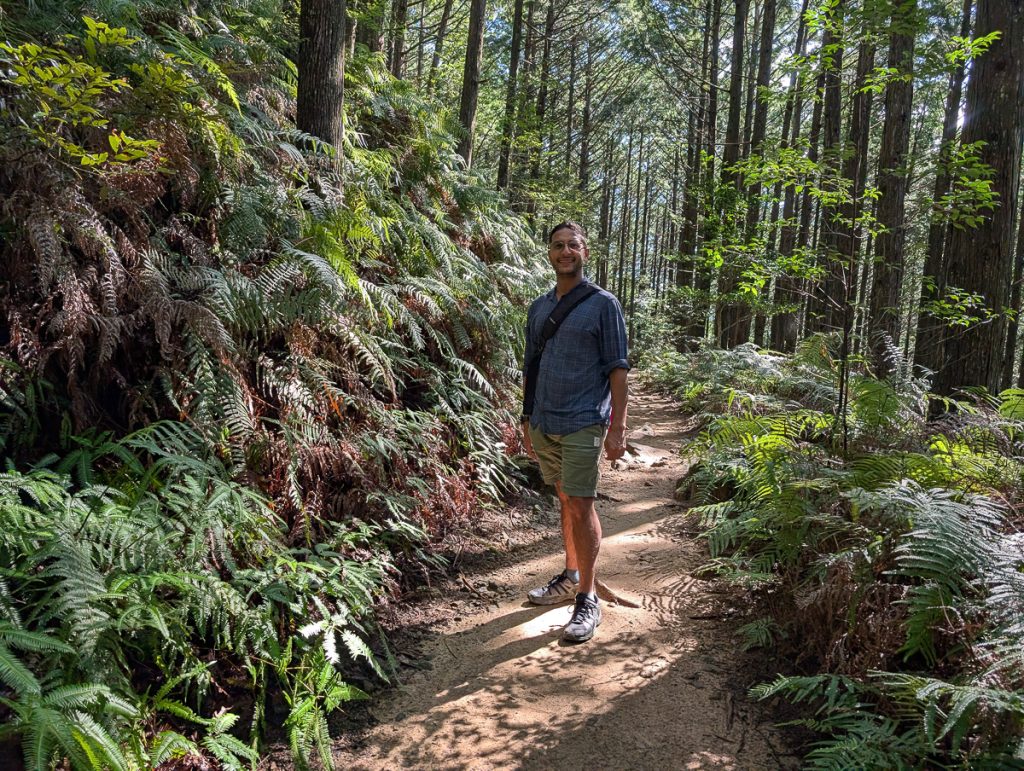 Ganesh stands on the forested trail of the Kumano Kodo Nakahechi Trail
