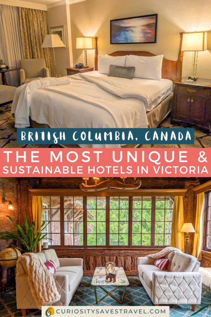 A landscape photo of a cosy hotel room above a landscape photo of two couches facing each other across a coffee table with a wooden window leading to greenery behind. Between the two photos is a text box that says "British Columbia, Canada" and another that says "The most unique & sustainable hotels in Victoria."