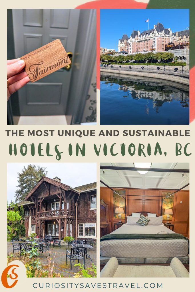A set of four portrait photos in a grid showing (clockwise from top left) a wooden Fairmont hotel key card, the Fairmont Empress Hotel from the water,