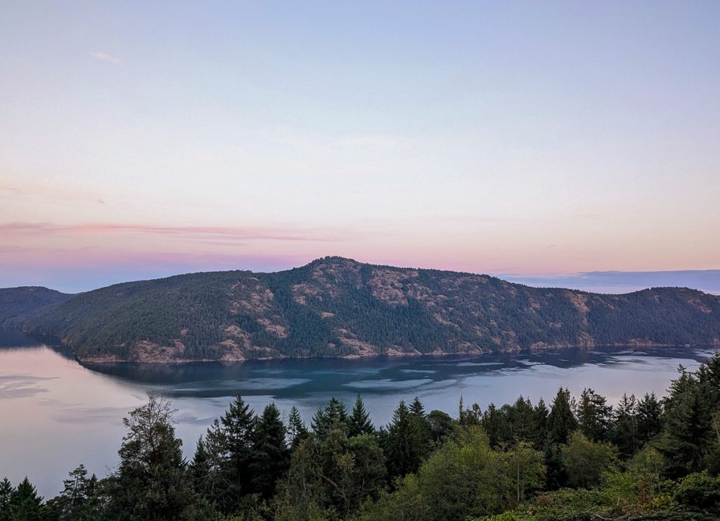 An elevated view across pine trees over a bay with wooded hills on the other side of the water and a dusky pink sky above.