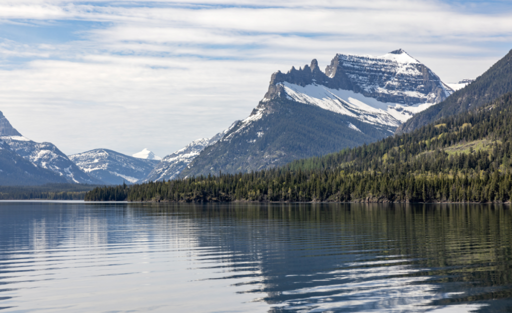 A landscape photo showing water in front of a shoreline lined with pine trees and snowy mountains in the background.