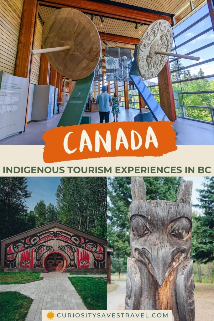 A landscape photo of circular items in a museum above two portrait photos, one of a wooden building painted with black and red designs and the other of a carved owl in wood. In between the photos is a text box that reads "Canada Indigenous Tourism Experiences in BC."