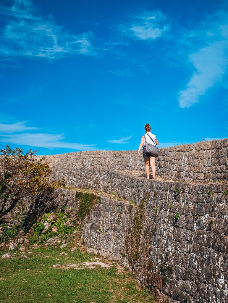 Sooz seen from behind walking on a stone wall with green grass to her left and blue sky above.
