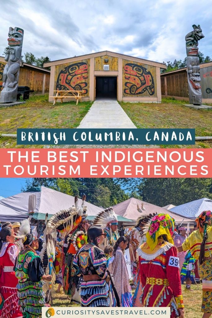 A photo of a wooden building painted with whale designs flanked by wooden totem poles above a photo of Canadian First Nations people in colorful traditional clothing. In between the two photos is a text box that says "British Columbia, Canada. The best Indigenous Tourism Experiences."