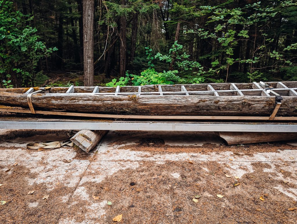 An ancient wooden canoe carved out of a tree trunk on loges on concrete with trees behind.