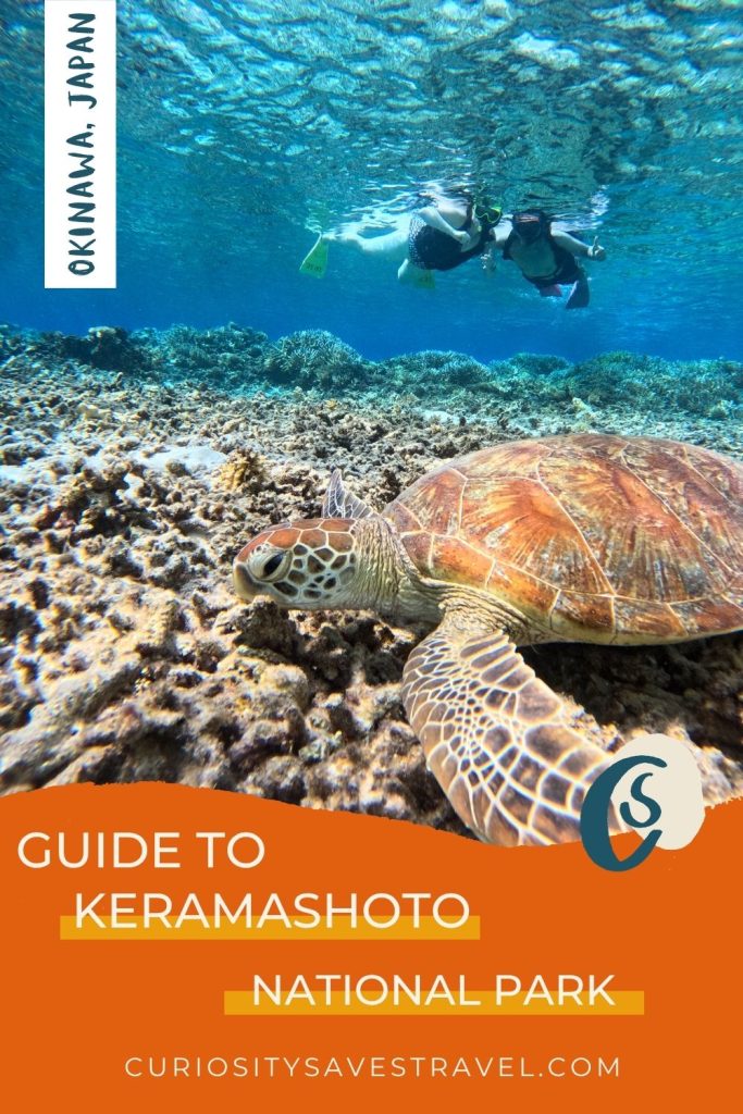 An underwater photo of two people snorkeling behind a turtle feeding on coral with a text box at the bottom that reads "Guide to Keramashoto National Park."