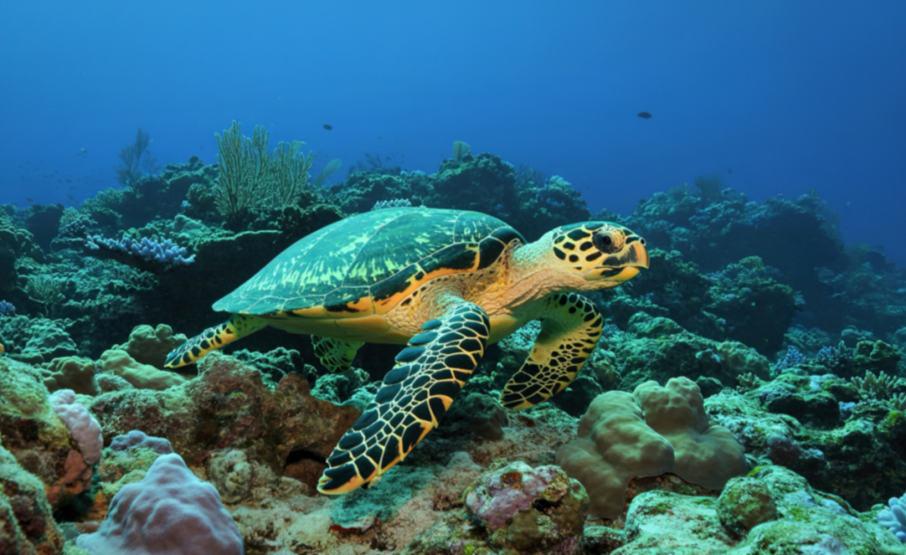 An underwater photo of a spotted Hawksbill turtle swimming over a coral reef.