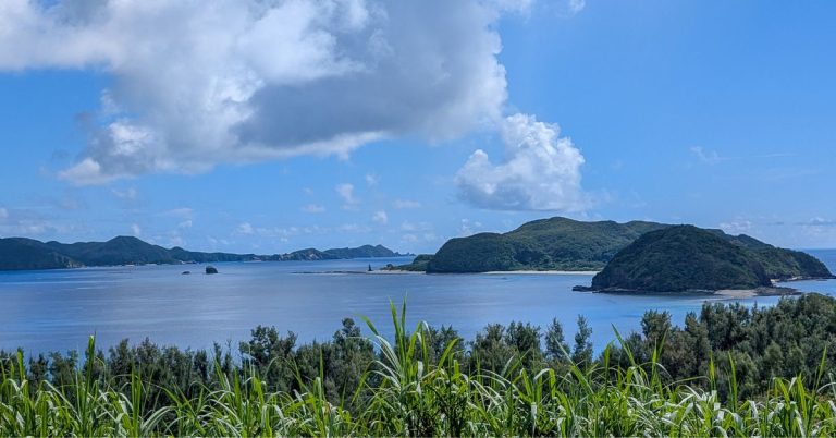 A view from on top of a grassy hill looking out over forested islands under a blue sky with fluffy white clouds.