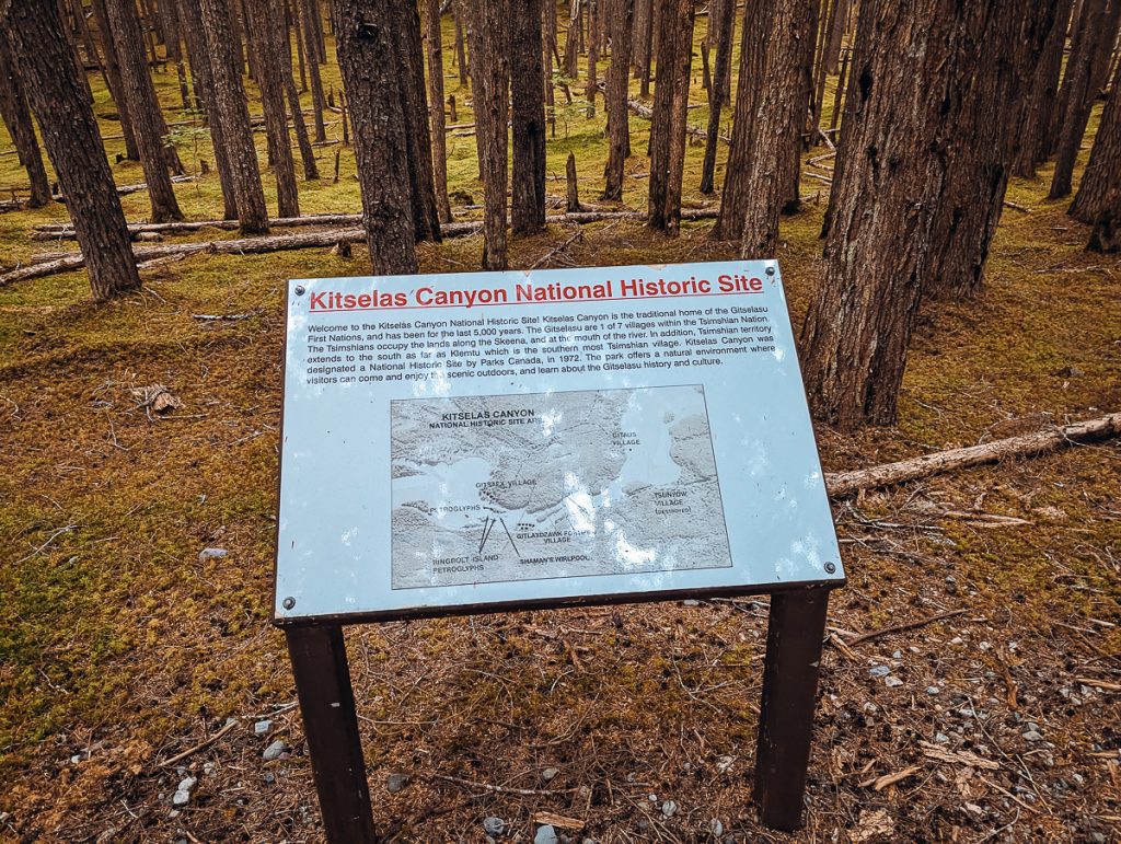 An information board on Kitselas Canyon National Historic Site with pine tree trunks behind it.